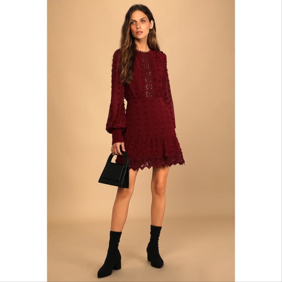 NWT Lust or Love Wine Red Embroidered Lace Long Sleeve Dress Medium - Picture 3 of 12